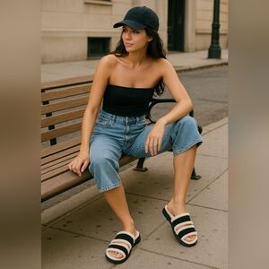 Tamara Mellon Shearling/Suede "Roam" Sandals.